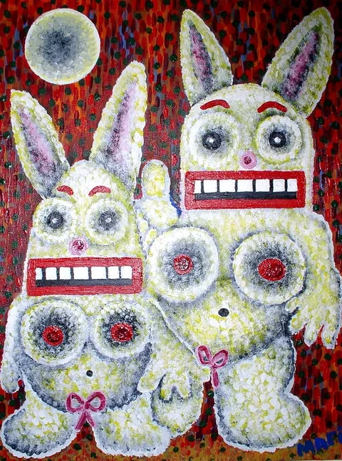 A painting of grimacing half-abstract rabbits with large chests and rectangular mouths. The effect is haunting.