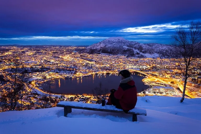 Night panorama of Bergen in snow