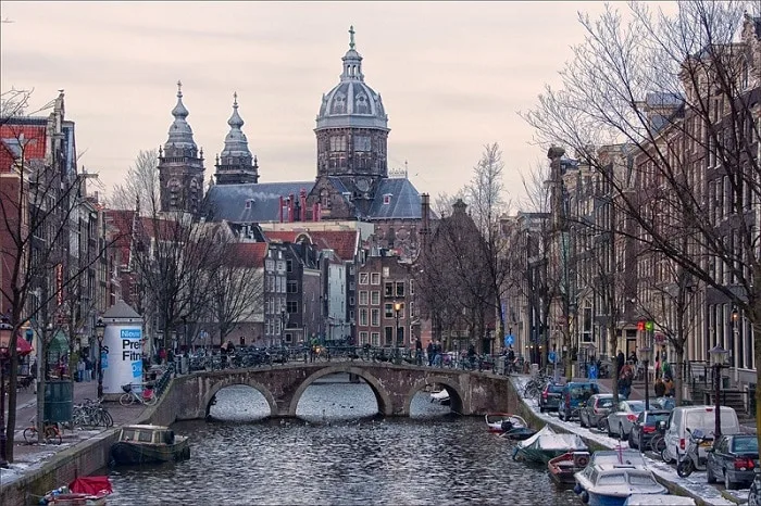 Beautiful city of Amsterdam at Sunset during Winter