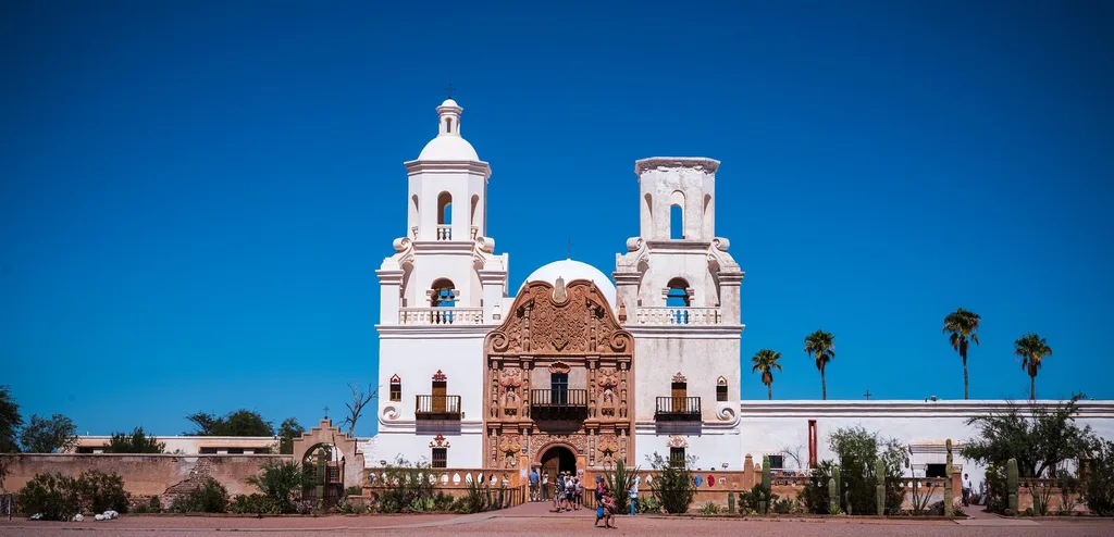 A front view of the San Xavier mission.