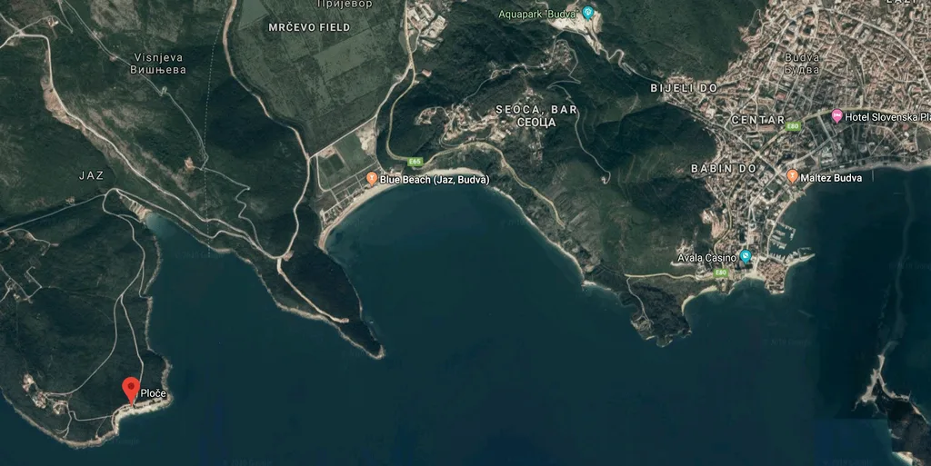 The location of Ploce beach on Budva Riviera