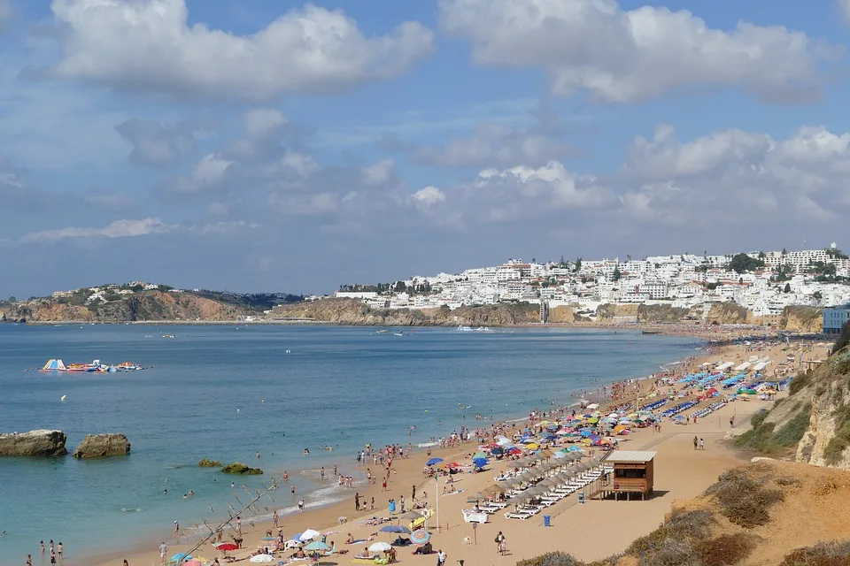 Sandy Beach and Albufeira Town in the Distance