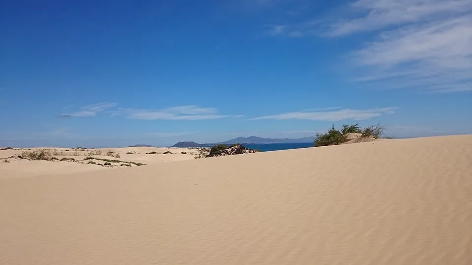 Expansive sand dunes meeting the ocean in Corralejo