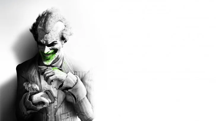 Black-and-white image of the Joker from Arkham City.