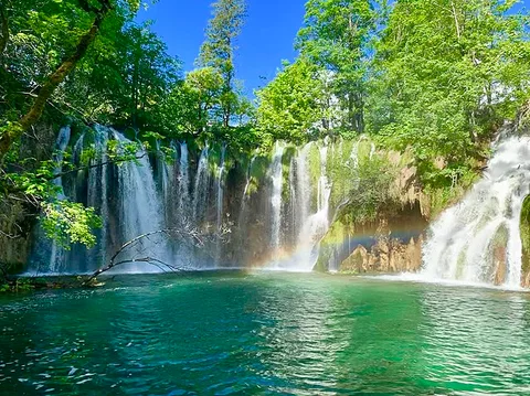 Rainbow at the Plitvice waterfalls in Croatia.