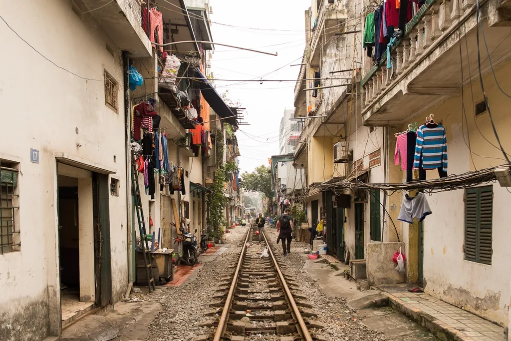 Old houses on both side of railway street in Hanoi