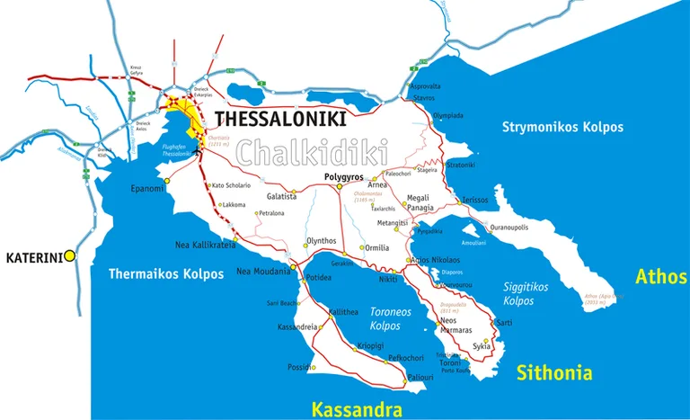 The Map of Chalkidiki Peninsula