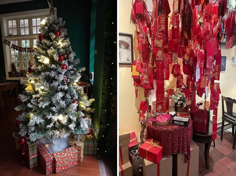 Decoration in a cafe in Ho Chi Minh City to write and hang Christmas wishes and free postcards as gifts.