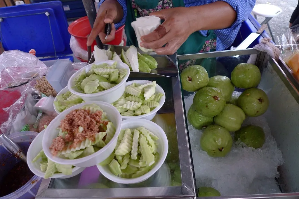 freshly cut guavas with garnish on top