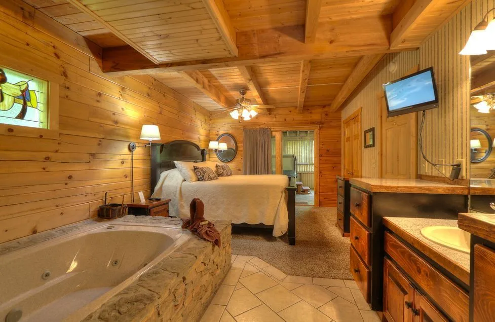 A cozy but modern log cabin interior.