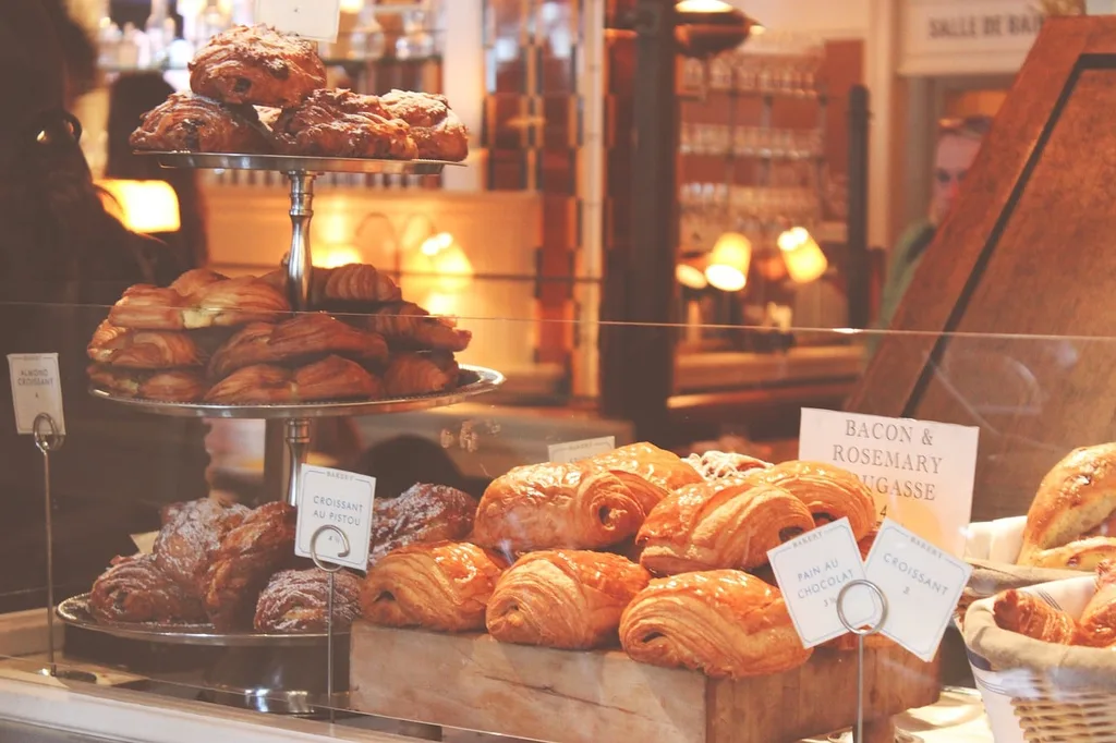 A windowpane of a bakery in Paris