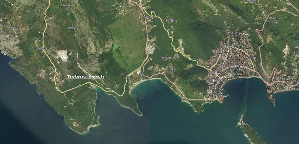 Map of beaches in Budva Riviera