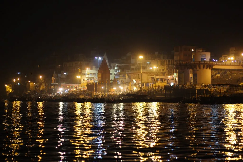 Varanasi seen from Ganges River at night