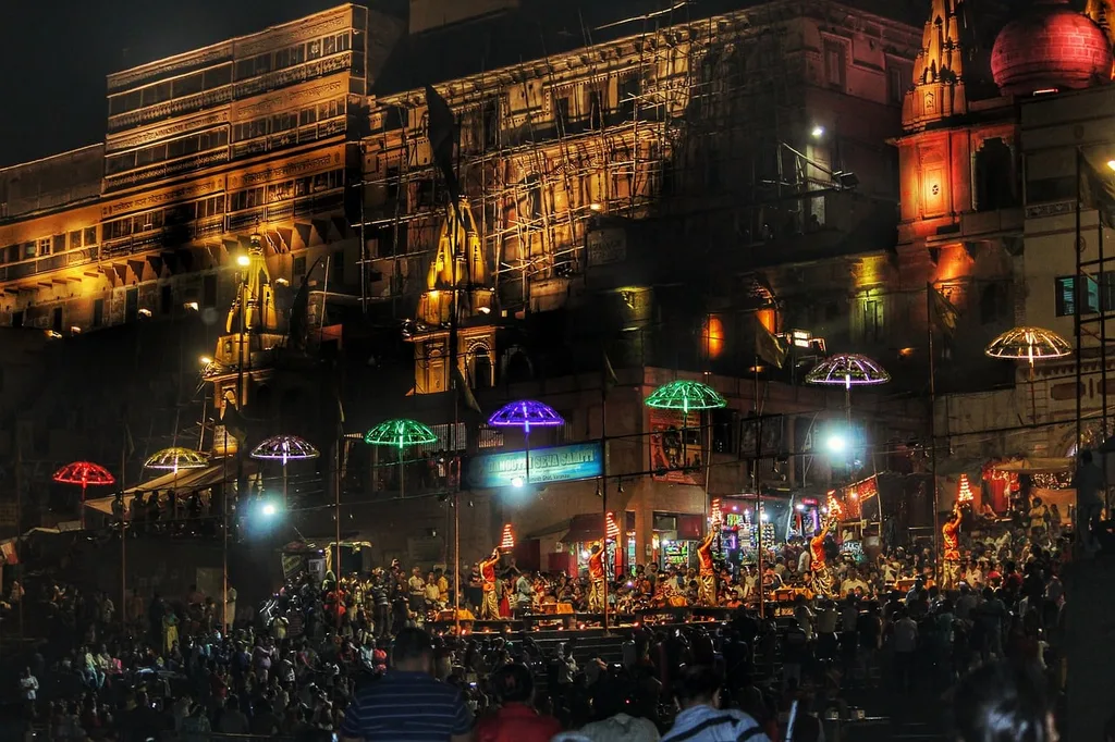 Colorful lights at Aarti ceremony in Varanasi